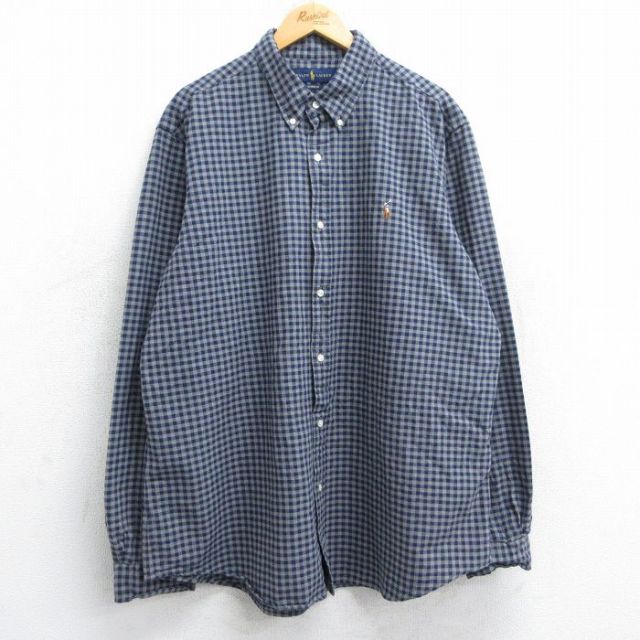 XL★古着 ラルフローレン Ralph Lauren 長袖 ブランド シャツ メンズ ワンポイントロゴ オックスフォード 大きいサイズ ロング丈 コットン ボタンダウン グレー他 チェック 25jun13 中古 トップス