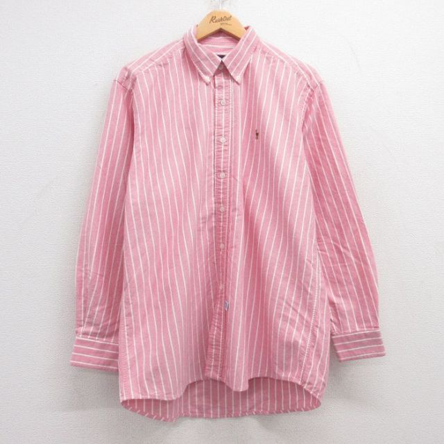 L★古着 ラルフローレン Ralph Lauren 長袖 ブランド シャツ メンズ 90年代 90s ワンポイントロゴ オックスフォード コットン ボタンダウン ピンク他 ストライプ 【spe】 25jun13 中古 トップス