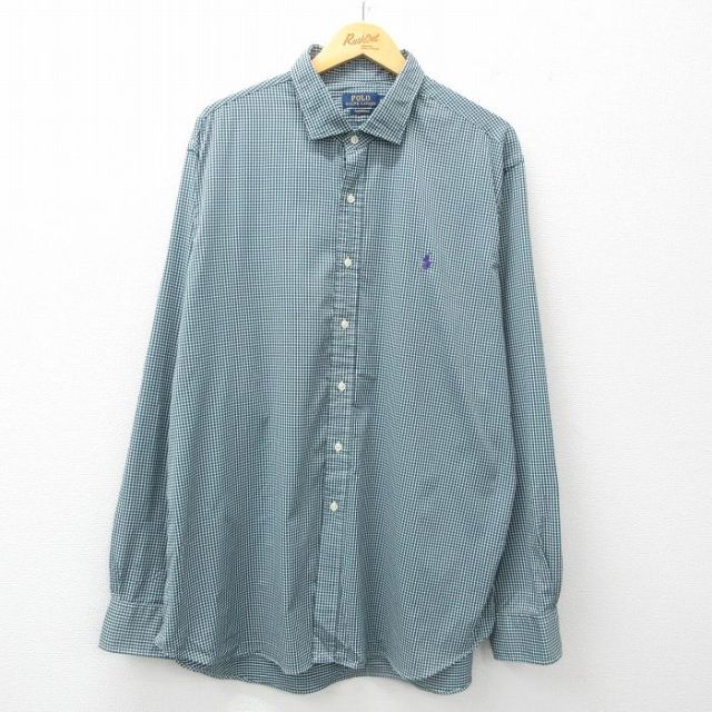 【50%OFF】XL★古着 ラルフローレン Ralph Lauren 長袖 ブランド シャツ メンズ ワンポイントロゴ 大きいサイズ ロング丈 緑他 グリーン チェック 25jun14 中古 トップス
