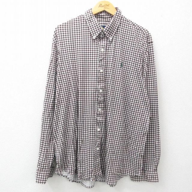 【50%OFF】XL★古着 ラルフローレン Ralph Lauren 長袖 ブランド シャツ メンズ ワンポイントロゴ 大きいサイズ コットン ボタンダウン 茶他 ブラウン チェック 25jun14 中古 トップス