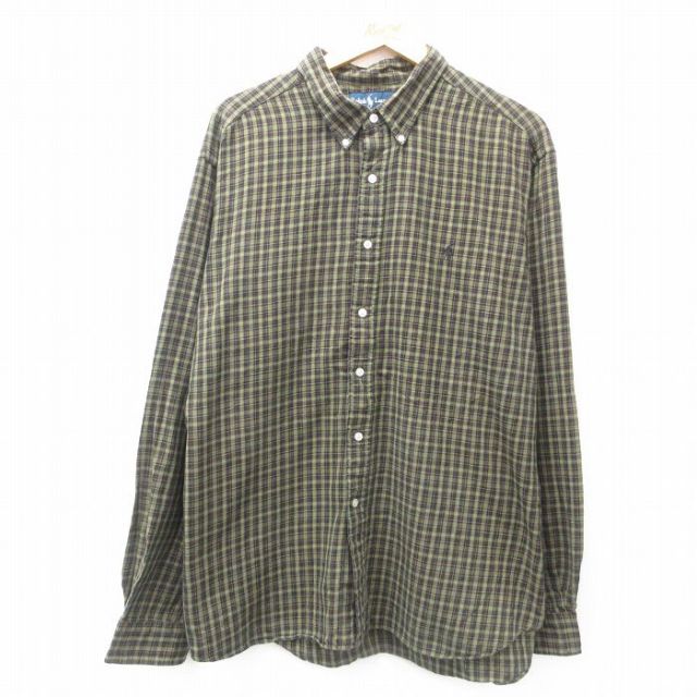 XL★古着 ラルフローレン Ralph Lauren 長袖 ブランド シャツ メンズ 90年代 90s ワンポイントロゴ 大きいサイズ ボタンダウン 濃緑他 グリーン チェック 25jun14 中古 トップス