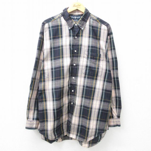 【50%OFF】XL★古着 ラルフローレン Ralph Lauren 長袖 ブランド シャツ メンズ 90年代 90s ワンポイントロゴ BIG SHIRT 大きいサイズ コットン ボタンダウン 緑他 グリーン チェック 【spe】 25jun14 中古 トップス