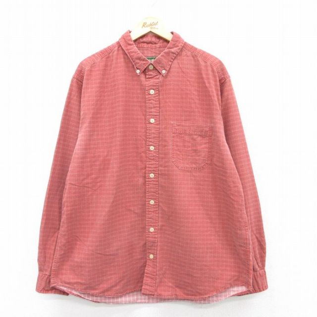 XL★古着 エディーバウアー 長袖 ブランド シャツ メンズ コットン ボタンダウン 赤系 レッド チェック 25jun14 中古 トップス