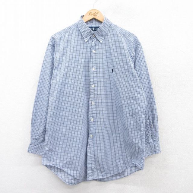 XL★古着 ラルフローレン Ralph Lauren 長袖 ブランド シャツ メンズ 90年代 90s ワンポイントロゴ YARMOUTH ロング丈 コットン ボタンダウン 薄紺他 ネイビー チェック 25jun14 中古 トップス