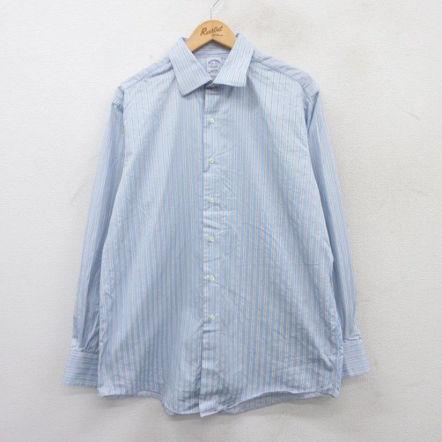 XL★古着 ブルックスブラザーズ BROOKS BROTHERS 長袖 ブランド シャツ メンズ ロング丈 コットン USA製 薄紺他 ネイビー ストライプ 【spe】 25jun14 中古 トップス