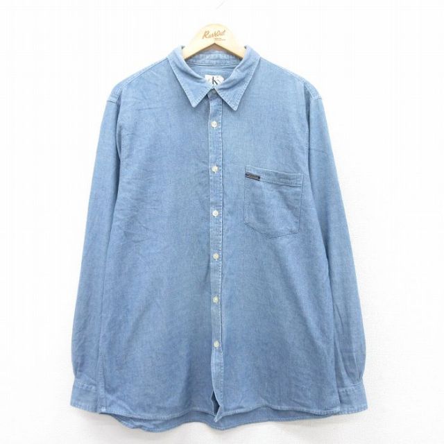 XL★古着 カルバンクライン Calvin Klein 長袖 ブランド シャツ メンズ ロング丈 コットン 薄紺 ネイビー 25jun14 中古 トップス