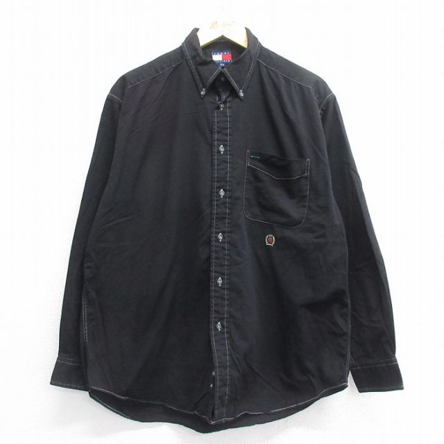 【50%OFF】XL★古着 トミーヒルフィガー TOMMY HILFIGER 長袖 ブランド シャツ メンズ 90年代 90s ワンポイントロゴ オックスフォード コットン ボタンダウン 黒 ブラック 25jun14 中古 トップス