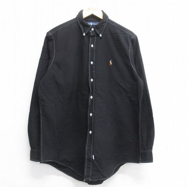 L★古着 ラルフローレン Ralph Lauren 長袖 ブランド シャツ メンズ 90年代 90s ワンポイントロゴ オックスフォード コットン ボタンダウン 黒 ブラック 25jun14 中古 トップス
