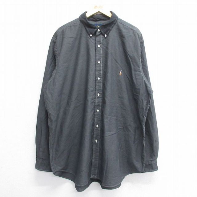 【50%OFF】XL★古着 ラルフローレン Ralph Lauren 長袖 ブランド シャツ メンズ ワンポイントロゴ オックスフォード 大きいサイズ ロング丈 コットン 黒系 ブラック ストライプ 25jun14 中古 トップス