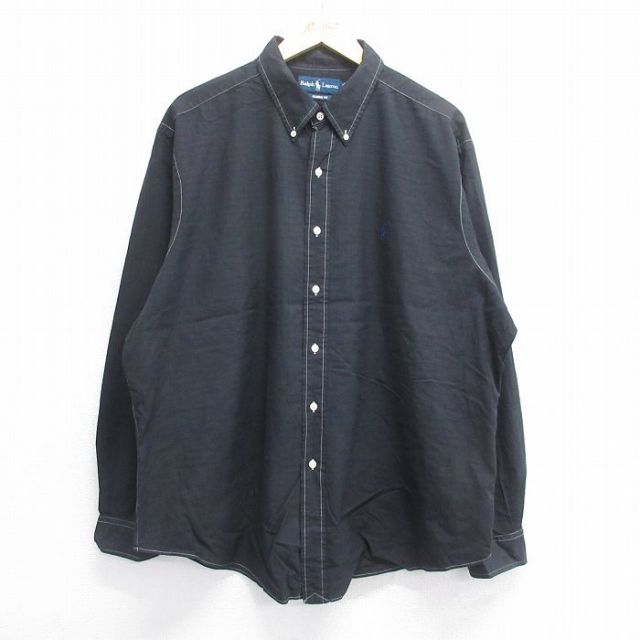 XL★古着 ラルフローレン Ralph Lauren 長袖 ブランド シャツ メンズ 90年代 90s ワンポイントロゴ 大きいサイズ ロング丈 コットン ボタンダウン 黒 ブラック 25jun16 中古 トップス