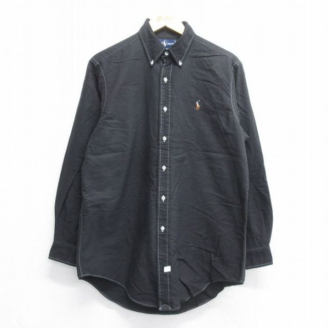 【50%OFF】L★古着 ラルフローレン Ralph Lauren 長袖 ブランド シャツ メンズ 90年代 90s ワンポイントロゴ オックスフォード ロング丈 コットン ボタンダウン 黒 ブラック 25jun16 中古 トップス