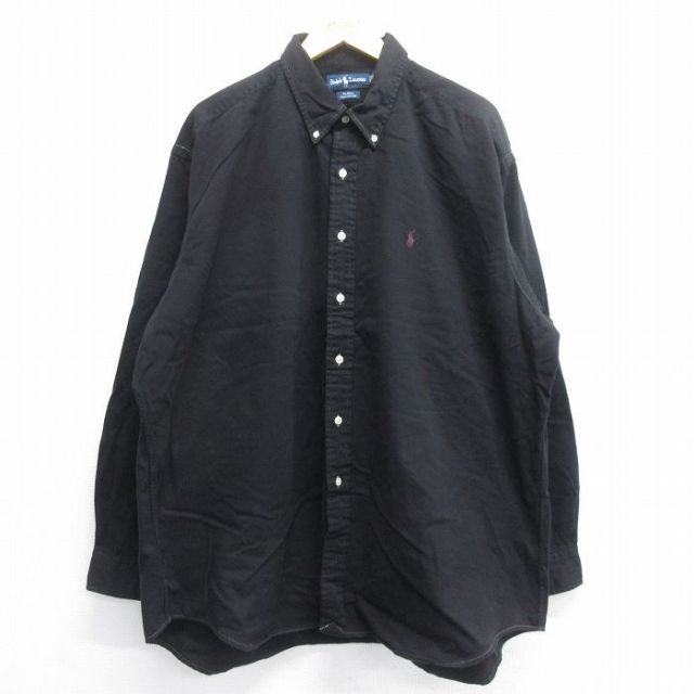 【50%OFF】XL★古着 ラルフローレン Ralph Lauren 長袖 ブランド シャツ メンズ 90年代 90s ワンポイントロゴ BLAKE オックスフォード 大きいサイズ ロング丈 コットン ボタンダウン 黒 ブラック 25jun16 中古 トップス