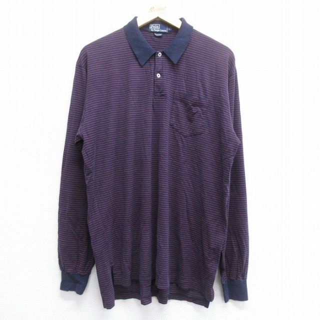 【50%OFF】L★古着 ラルフローレン Ralph Lauren 長袖 ブランド ポロ シャツ メンズ 90年代 90s 裾ロゴ コットン 紺他 ネイビー ボーダー 【spe】 25jun16 中古 トップス