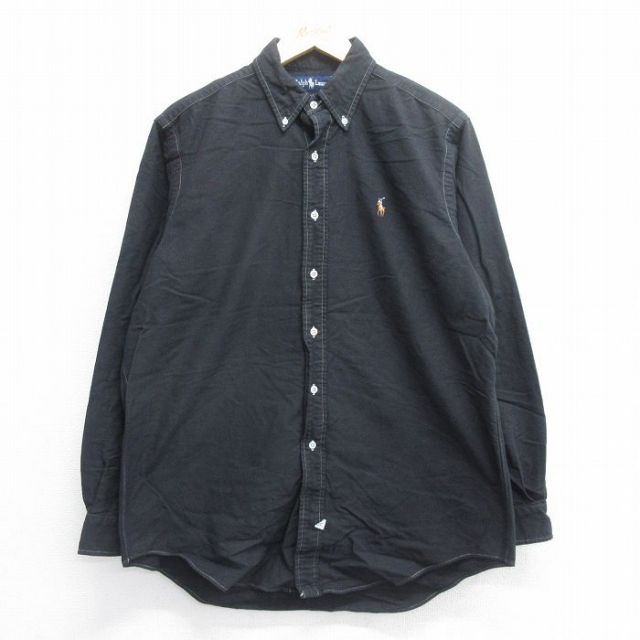 XL★古着 ラルフローレン Ralph Lauren 長袖 ブランド シャツ メンズ 90年代 90s ワンポイントロゴ オックスフォード ロング丈 コットン ボタンダウン 黒 ブラック 25jun16 中古 トップス