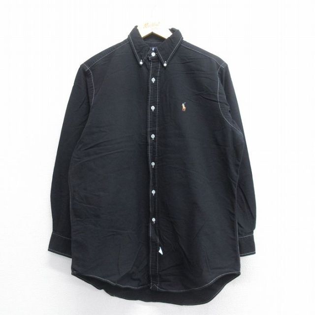 【20%OFF】L★古着 ラルフローレン Ralph Lauren 長袖 ブランド シャツ メンズ 90年代 90s ワンポイントロゴ オックスフォード コットン ボタンダウン 黒 ブラック 25jun16 中古 トップス