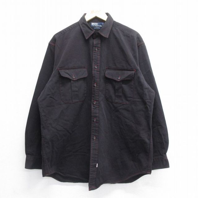 XL★古着 ラルフローレン Ralph Lauren 長袖 ブランド シャツ メンズ 90年代 90s 大きいサイズ ロング丈 コットン 黒 ブラック 25jun16 中古 トップス