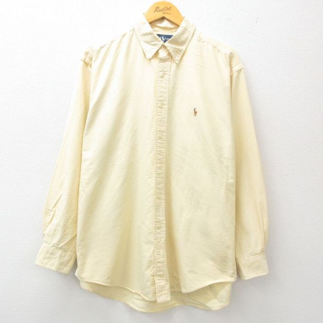 XL★古着 ラルフローレン Ralph Lauren 長袖 ブランド シャツ メンズ 90年代 90s ワンポイントロゴ オックスフォード YARMOUTH 大きいサイズ ロング丈 コットン ボタンダウン 黄 イエロー 25jun17 中古 トップス