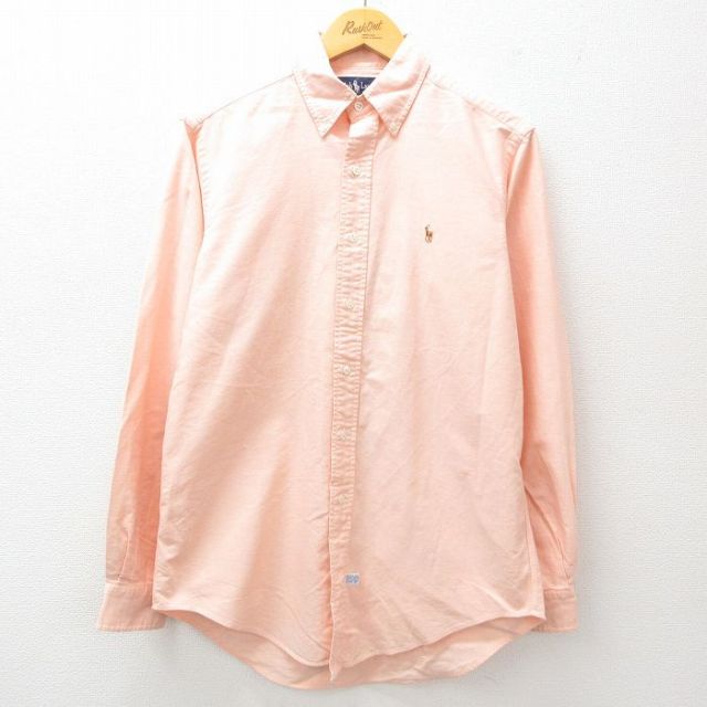L★古着 ラルフローレン Ralph Lauren 長袖 ブランド シャツ メンズ 90年代 90s ワンポイントロゴ オックスフォード コットン ボタンダウン 薄オレンジ 25jun17 中古 トップス