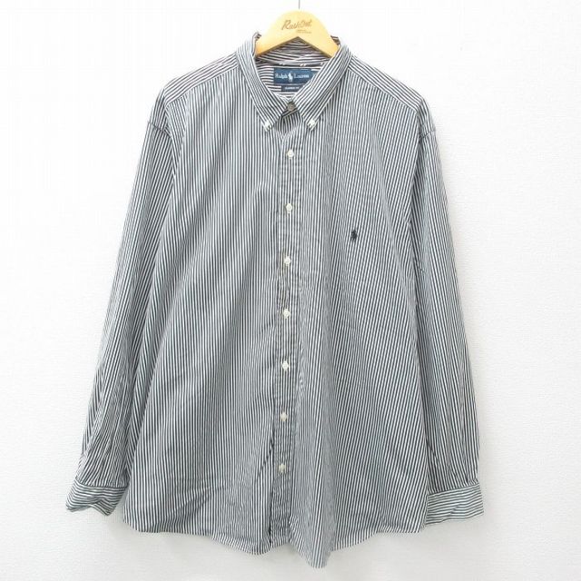 XL★古着 ラルフローレン Ralph Lauren 長袖 ブランド シャツ メンズ 90年代 90s ワンポイントロゴ 大きいサイズ ロング丈 コットン ボタンダウン 黒他 ブラック ストライプ 25jun17 中古 トップス