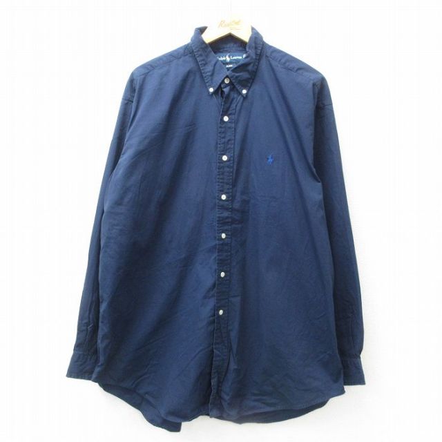 XL★古着 ラルフローレン Ralph Lauren 長袖 ブランド シャツ メンズ 90年代 90s ワンポイントロゴ BLAKE 大きいサイズ ロング丈 コットン ボタンダウン 紺 ネイビー 25jun17 中古 トップス