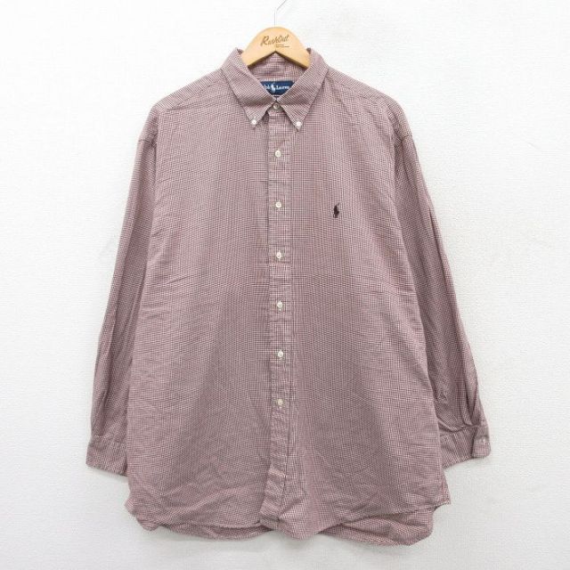 【50%OFF】XL★古着 ラルフローレン Ralph Lauren 長袖 ブランド シャツ メンズ 90年代 90s ワンポイントロゴ YARMOUTH 大きいサイズ ロング丈 コットン ボタンダウン 茶他 ブラウン チェック 25jun17 中古 トップス