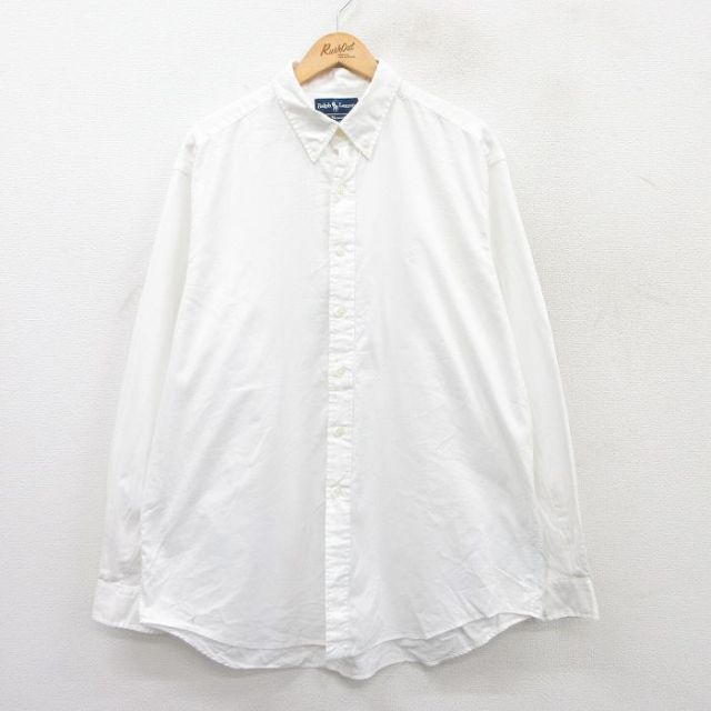 XL★古着 ラルフローレン Ralph Lauren 長袖 ブランド シャツ メンズ 90年代 90s ワンポイントロゴ YARMOUTH 大きいサイズ ロング丈 コットン ボタンダウン 白 ホワイト 25jun17 中古 トップス
