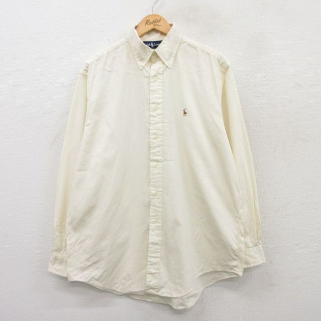 【50%OFF】XL★古着 ラルフローレン Ralph Lauren 長袖 ブランド シャツ メンズ 90年代 90s ワンポイントロゴ オックスフォード YARMOUTH ロング丈 コットン ボタンダウン 薄黄 イエロー 25jun17 中古 トップス