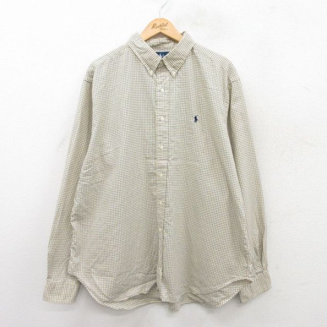 XL★古着 ラルフローレン Ralph Lauren 長袖 ブランド シャツ メンズ 90年代 90s ワンポイントロゴ 大きいサイズ コットン ボタンダウン 黄他 イエロー チェック 25jun17 中古 トップス