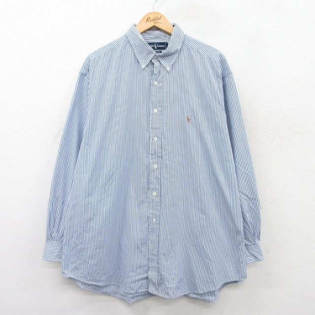 XL★古着 ラルフローレン Ralph Lauren 長袖 ブランド シャツ メンズ 90年代 90s ワンポイントロゴ オックスフォード YARMOUTH 大きいサイズ ロング丈 コットン ボタンダウン 紺他 ネイビー ストライプ 25jun17 中古 トップス
