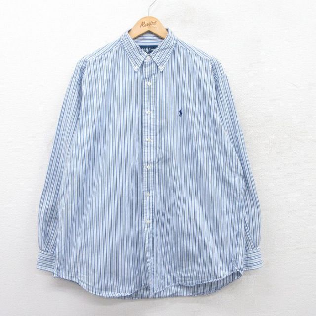 XL★古着 ラルフローレン Ralph Lauren 長袖 ブランド シャツ メンズ 90年代 90s ワンポイントロゴ BLAKE 大きいサイズ コットン ボタンダウン 薄紺他 ネイビー ストライプ 25jun17 中古 トップス