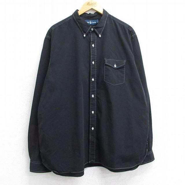 【20%OFF】XL★古着 ラルフローレン Ralph Lauren 長袖 ブランド シャツ メンズ 90年代 90s 大きいサイズ コットン ボタンダウン 黒 ブラック ストライプ 25jun19 中古 トップス