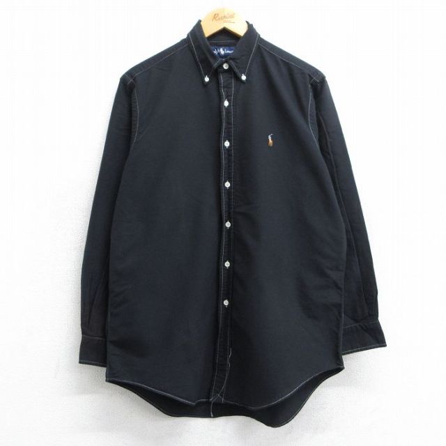 【50%OFF】XL★古着 ラルフローレン Ralph Lauren 長袖 ブランド シャツ メンズ 90年代 90s ワンポイントロゴ オックスフォード コットン ボタンダウン 黒 ブラック 25jun19 中古 トップス