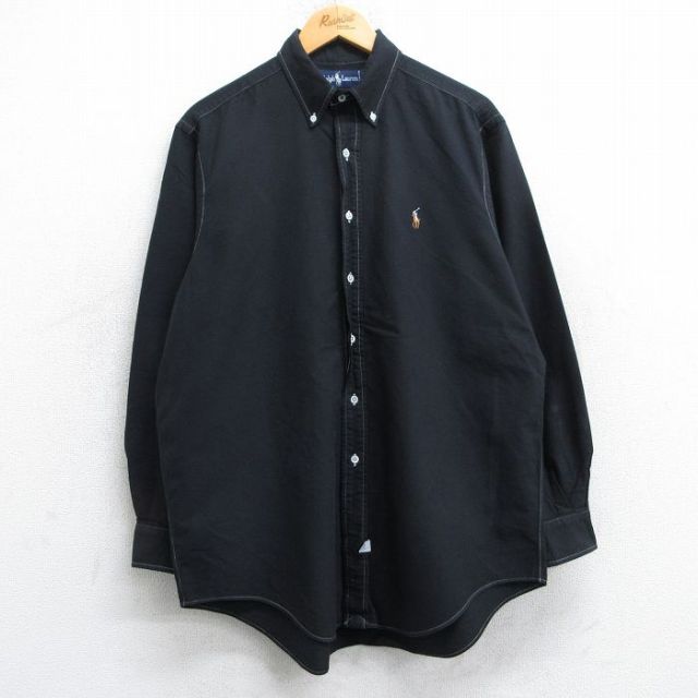 【50%OFF】XL★古着 ラルフローレン Ralph Lauren 長袖 ブランド シャツ メンズ 90年代 90s ワンポイントロゴ オックスフォード 大きいサイズ コットン ボタンダウン 黒 ブラック 25jun19 中古 トップス