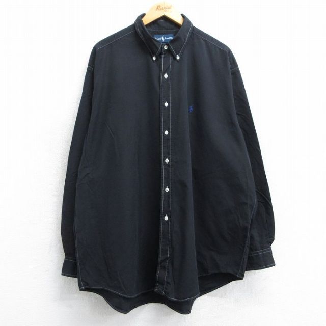 XL★古着 ラルフローレン Ralph Lauren 長袖 ブランド シャツ メンズ 90年代 90s ワンポイントロゴ BLAKE 大きいサイズ ロング丈 コットン ボタンダウン 黒 ブラック 25jun19 中古 トップス