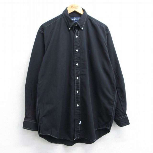 XL★古着 ラルフローレン Ralph Lauren 長袖 ブランド シャツ メンズ 90年代 90s ワンポイントロゴ 大きいサイズ ロング丈 コットン ボタンダウン 黒 ブラック 25jun19 中古 トップス