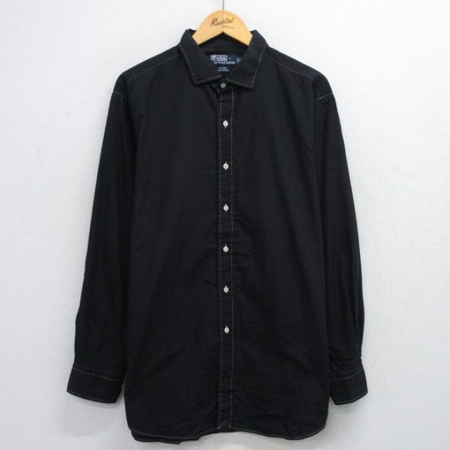 XL★古着 ラルフローレン Ralph Lauren 長袖 ブランド シャツ メンズ 90年代 90s ESTATE 大きいサイズ ロング丈 コットン 黒 ブラック 25jun21 中古 トップス