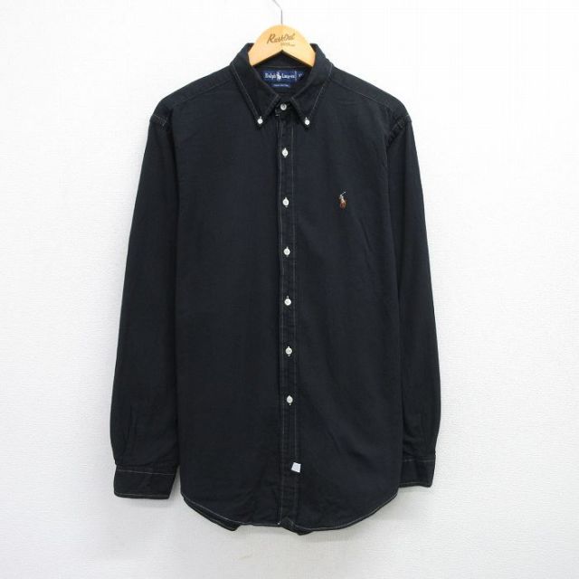 XL★古着 ラルフローレン Ralph Lauren 長袖 ブランド シャツ メンズ 90年代 90s ワンポイントロゴ オックスフォード 大きいサイズ ロング丈 コットン ボタンダウン 黒 ブラック 25jun21 中古 トップス