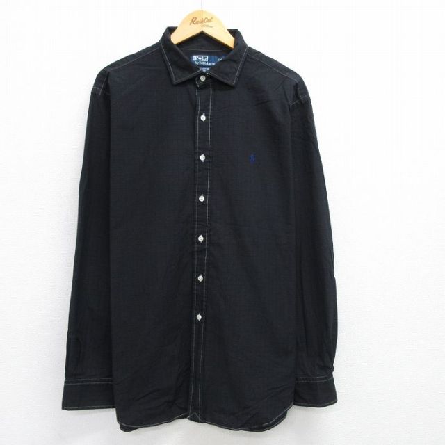 XL★古着 ラルフローレン Ralph Lauren 長袖 ブランド シャツ メンズ 90年代 90s ワンポイントロゴ STANTON 大きいサイズ ロング丈 コットン 黒 ブラック チェック 25jun21 中古 トップス