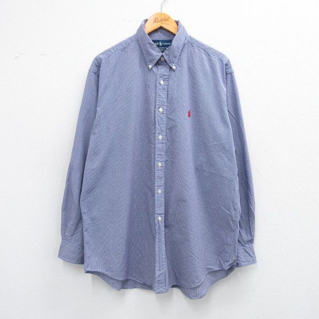 【20%OFF】XL★古着 ラルフローレン Ralph Lauren 長袖 ブランド シャツ メンズ 90年代 90s ワンポイントロゴ YARMOUTH 大きいサイズ コットン ボタンダウン 紺他 ネイビー ギンガム チェック 25jun23 中古 トップス
