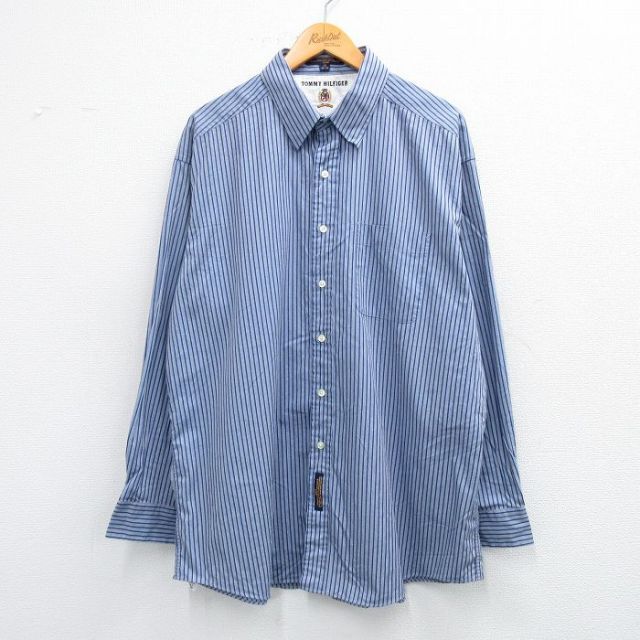 XL★古着 トミーヒルフィガー TOMMY HILFIGER 長袖 ブランド シャツ メンズ 大きいサイズ ロング丈 コットン 紺他 ネイビー ストライプ 25jun23 中古 トップス