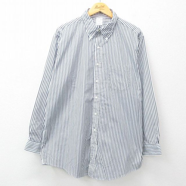 XL★古着 ブルックスブラザーズ BROOKS BROTHERS 長袖 ブランド シャツ メンズ 大きいサイズ ロング丈 コットン ボタンダウン 白他 ホワイト ストライプ 25jun27 中古 トップス