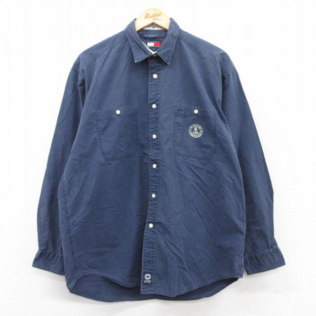 XL★古着 トミーヒルフィガー TOMMY HILFIGER 長袖 ブランド シャツ メンズ 90年代 90s イカリ 大きいサイズ コットン 紺 ネイビー 25jun27 中古 トップス