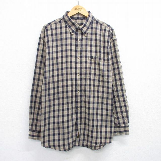 【50%OFF】XL★古着 ティンバーランド 長袖 ブランド シャツ メンズ 00年代 00s ワンポイントロゴ ロング丈 ベージュ他 カーキ チェック 25jun28 中古 トップス