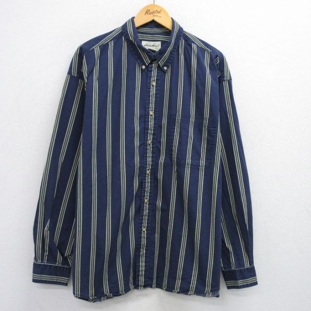 XL★古着 エディーバウアー 長袖 ブランド シャツ メンズ 00年代 00s 大きいサイズ ロング丈 コットン ボタンダウン 紺他 ネイビー ストライプ 25jun30 中古 トップス