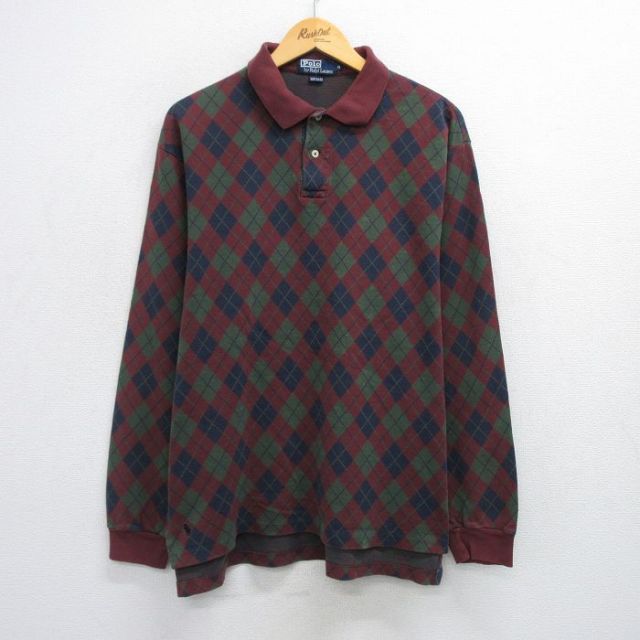 XL★古着 ラルフローレン Ralph Lauren 長袖 ブランド ポロ シャツ メンズ アーガイル コットン USA製 エンジ系他 【spe】 25jun30 中古 トップス