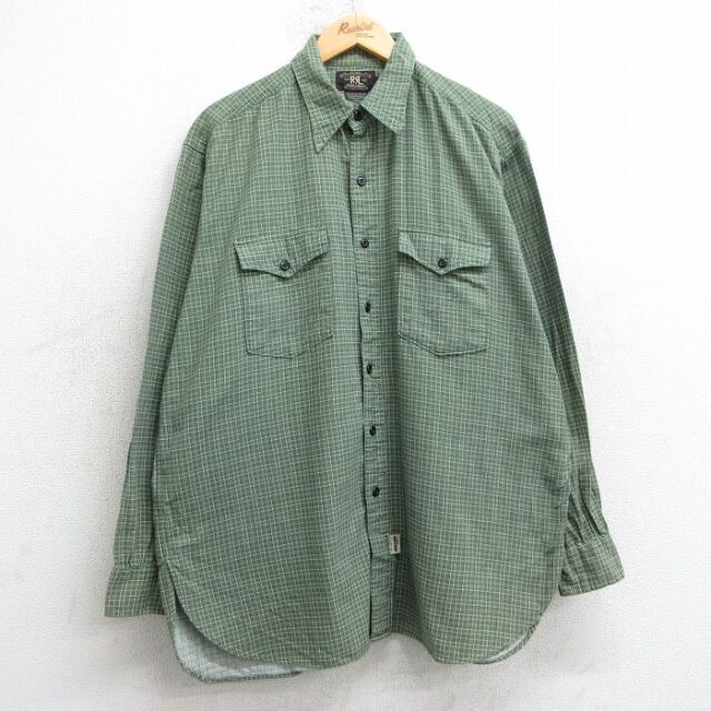 XL★古着 ラルフローレン Ralph Lauren ダブルアールエル 長袖 ブランド シャツ メンズ 90年代 90s 大きいサイズ コットン 緑他 グリーン チェック 【spe】 25jul01 中古 トップス