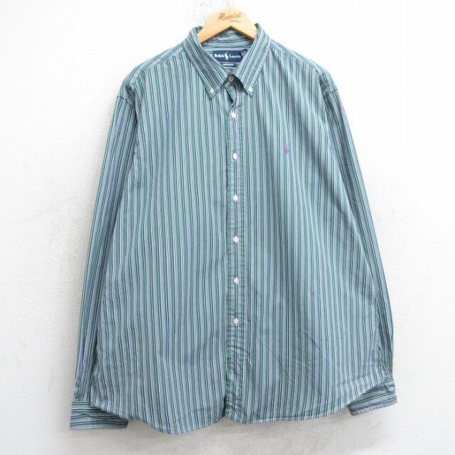 XL★古着 ラルフローレン Ralph Lauren 長袖 ブランド シャツ メンズ 90年代 90s ワンポイントロゴ 大きいサイズ コットン ボタンダウン 緑他 グリーン ストライプ 25jul01 中古 トップス