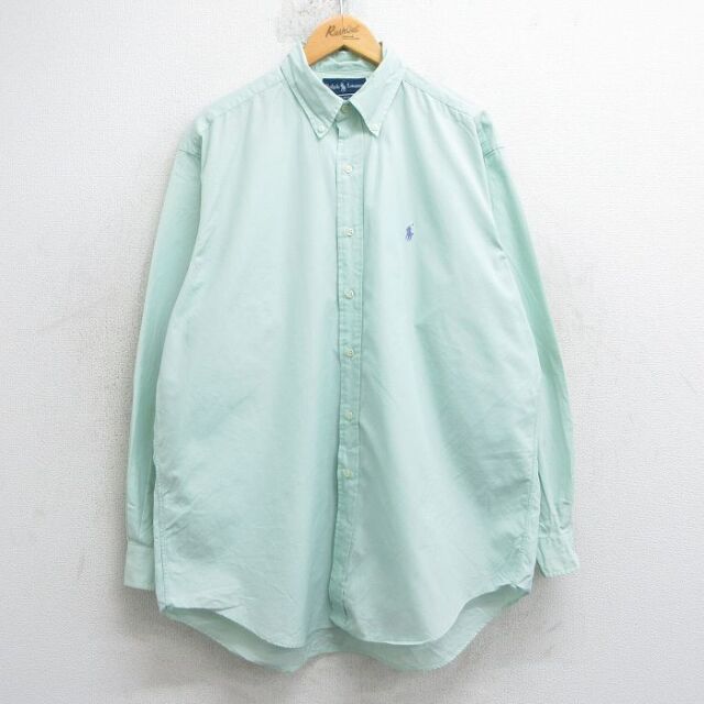 XL★古着 ラルフローレン Ralph Lauren 長袖 ブランド シャツ メンズ 90年代 90s ワンポイントロゴ BLAKE 大きいサイズ ロング丈 コットン ボタンダウン 薄緑 グリーン 25jul01 中古 トップス
