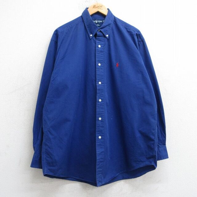 XL★古着 ラルフローレン Ralph Lauren 長袖 ブランド シャツ メンズ 90年代 90s ワンポイントロゴ BLAKE 大きいサイズ ロング丈 コットン ボタンダウン 青 ブルー 25jul01 中古 トップス