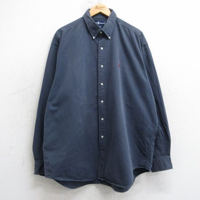 XL★古着 ラルフローレン Ralph Lauren 長袖 ブランド シャツ メンズ 90年代 90s ワンポイントロゴ BLAIRE 大きいサイズ ロング丈 コットン ボタンダウン 濃グレー 25jul01 中古 トップス